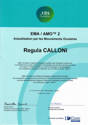 Diplôme de Regula Calloni (fascia-pilates)