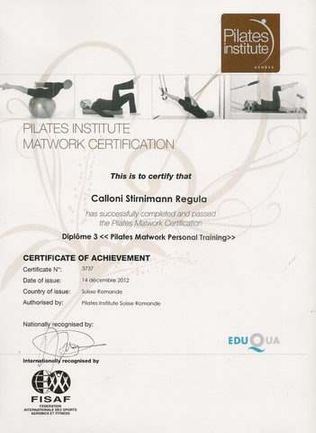 Diplôme de Regula Calloni (fascia-pilates)